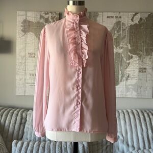 Notations Pink Ruffle Neck Jabot Blouse Vintage Long Sleeve Button Up Top 8